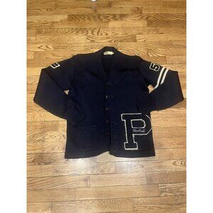 1920s Spalding Petoskey MI Lettermen Sweater Navy Blue "P" Wool SZ 40 Cardigan